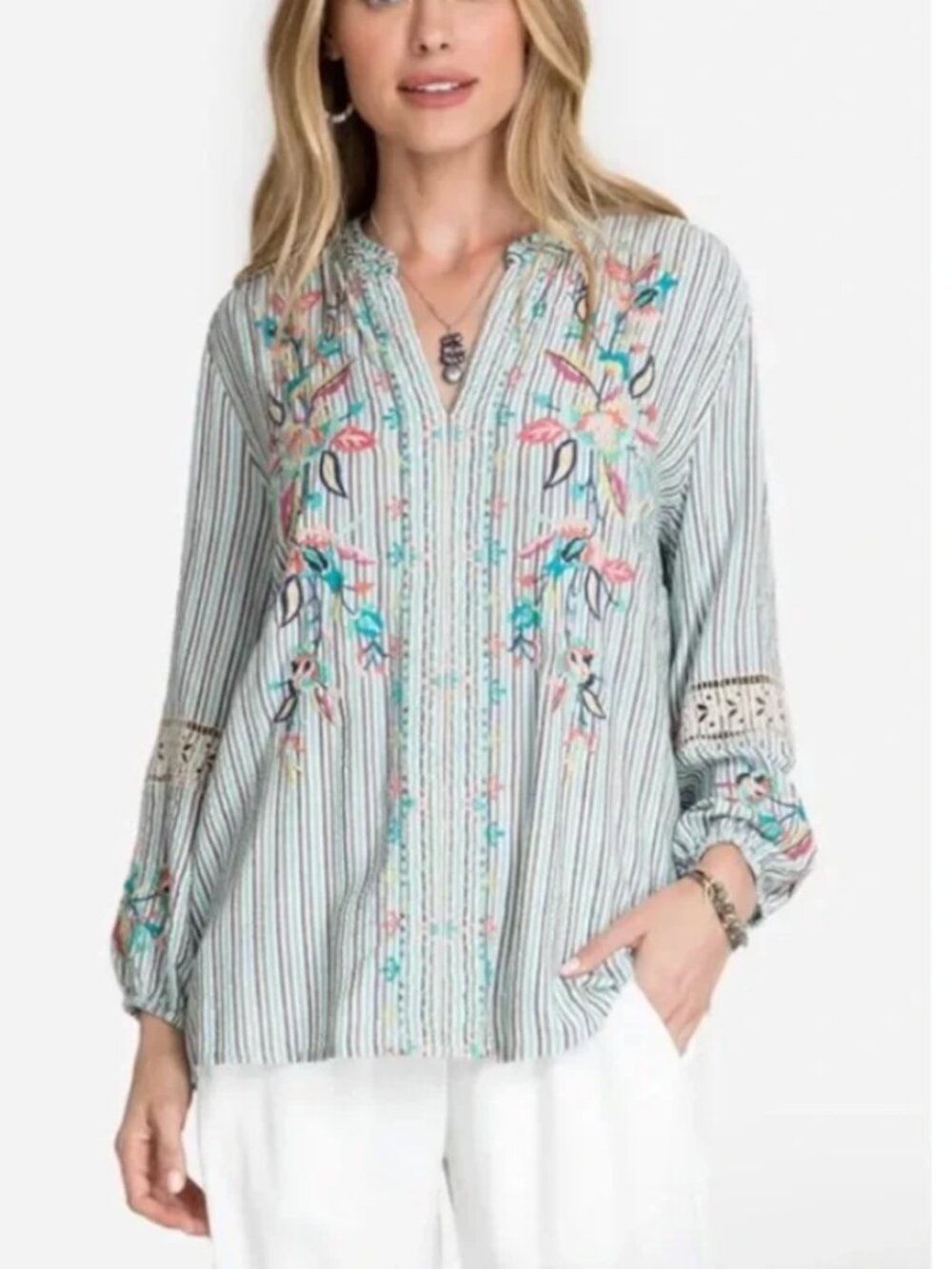 Johnny Was Workshop Blouse Lais Paris Effortless in Green Blue Striped Large